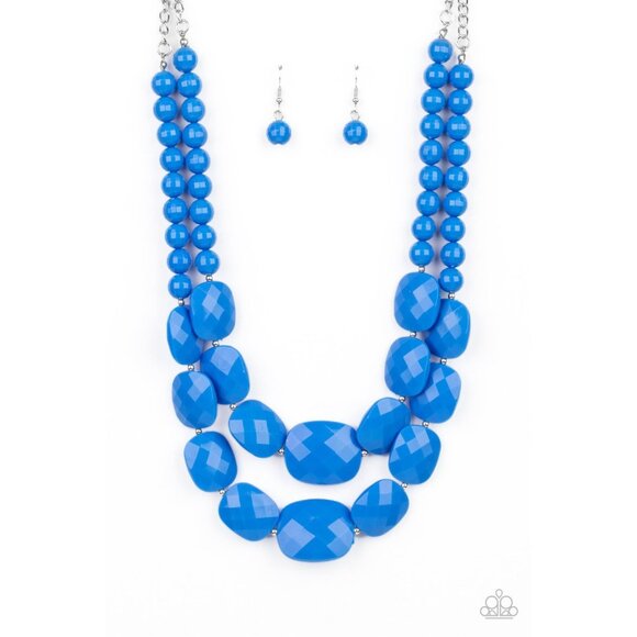 Paparazzi Accessories Jewelry - Paparazzi Resort Ready Blue Large Beaded Double Layer Retro Necklace Earrings